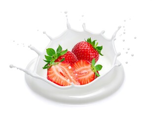 Bright, isolated image strawberries plunge into milk creating a splash, detail on cut berry shows seeds