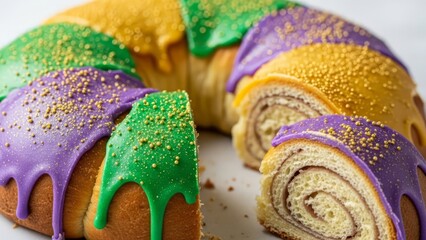 Classic royal cake with colorful frosting in Mardi Gras colors, cinnamon filling, and festive sprinkles. AI generated.