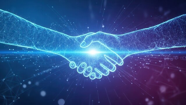 Abstract corporate partnership background with glowing blue digital handshake - Powered by Adobe