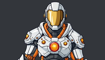 Futuristic astronaut in sleek white and orange space suit with glowing orange visor and chest emblem