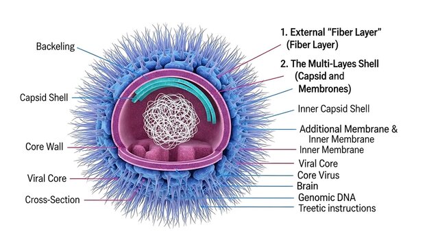 Ilustrasi detail struktur virus dengan komponen berlabel