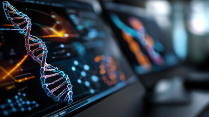 Faceless detailed view of computer interface used by geneticists showing complex genome mapping software with colorful DNA strands without displaying personal identity, defocused screen, with