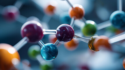 Colorful spheres and bonds illustrating molecular structure in scientific setting, chemical compound visualization, atomic arrangement, molecular model display, scientific education imagery,