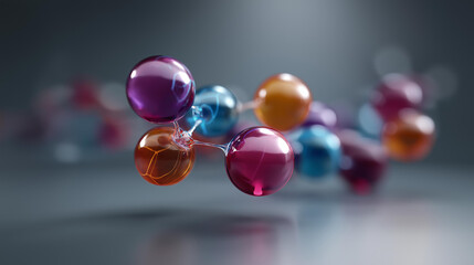 Abstract DNA molecule structure with colorful atoms, genetic material visualization, molecular biology artwork, hereditary information representation, chemical composition display, with copy