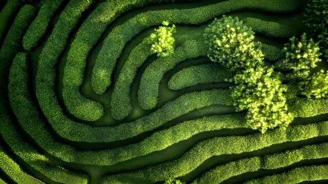 Tea industry. Tea leaves. Plantation. Culture. Aerial view of a lush, verdant landscape featuring a mazelike pattern of grass and trees. The grass is a vibrant green.