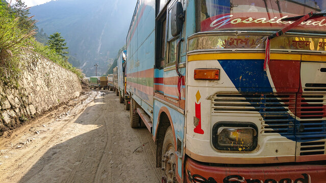CLOSE UP: Long queue of cargo trucks forms as they wait to cross the border.