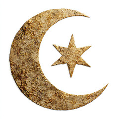 Golden crescent moon and star symbol with textured surface