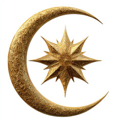 Golden crescent moon and eight pointed star with intricate design