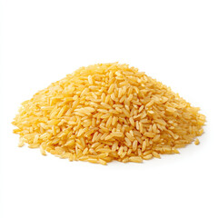 Golden parboiled rice grain heap with long grain texture on white