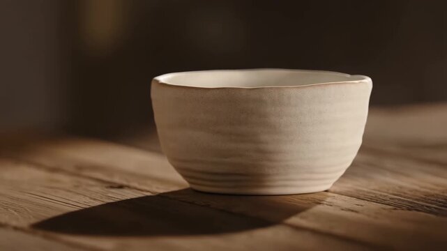 An empty rustic ceramic tea cup on a wooden table. Soft light highlights handcrafted details and earthy tones.