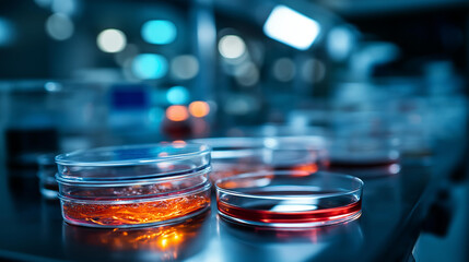 Closeup of petri dishes with bioengineered organism, genetic modification research, synthetic biology, laboratory culture, biotechnology experiment, engineered life forms, with copy space