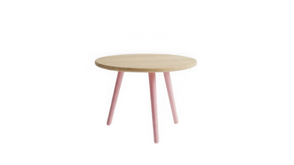 Small round wooden table with pink legs isolated on transparent background