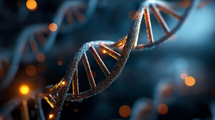 Microscopic view of DNA structure, genetic material closeup, molecular biology visualization, double helix microscopy, genome examination, hereditary information magnification, with copy space