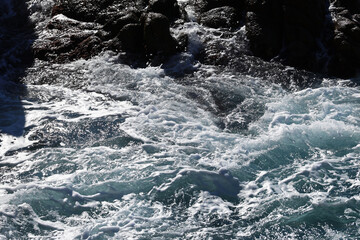 Beach by the sea with foam and spray from the waves