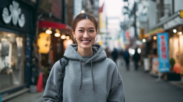 グレーのフード付きパーカ姿で街に笑顔を向ける女性