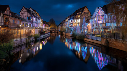 Fototapeta premium Colmar Christmas Market, Colmar Christmas Market Canal at Night with Colorful Half Timber Houses, Festive Reflections and Magical Winter Atmosphere