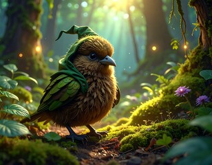Bird in the forest wears a green hood with sun rays shining through, moss, and flowers