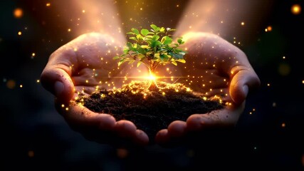human hands holding a young plant with a radiant glow emanating from it, creating a sense of warmth and vitality. The plants leaves are a vibrant green.