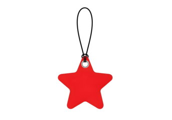 Red star shaped christmas ornament hanging from a black string isolated on transparent background