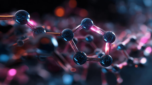 Molecular self-assembly visualization nanostructures at atomic level with precise molecular design for scientific illustrations and research, nanotechnology display, with copy space