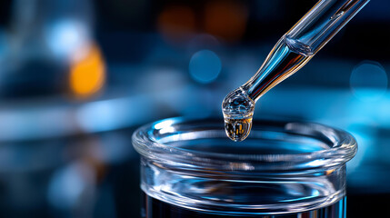 Glass pipette dripping fluid into test tube, laboratory experiments and scientific research, precise liquid handling, chemical analysis work, scientific methodology, lab technique demonstration,