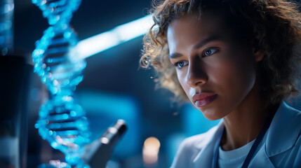 Faceless attentive young female researcher studies complex DNA helix visualization, reflecting advancements in genetics and molecular biology research, defocused person analyzing, with copy space
