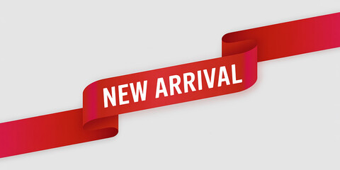 Red ribbon banner with white text NEWARIVAL angled on white background new arrival