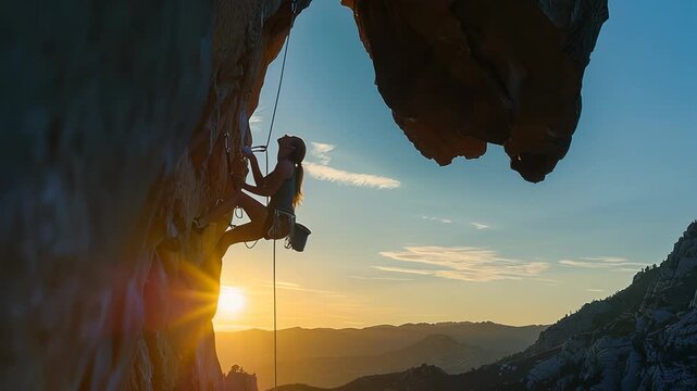 Female Rock Climber Ascends Cliff Face at Sunset