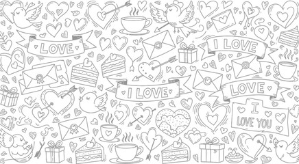 A delightful collection of love themed doodles and illustrations for coloring