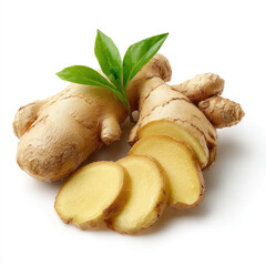 Fresh ginger root with slices and green leaf