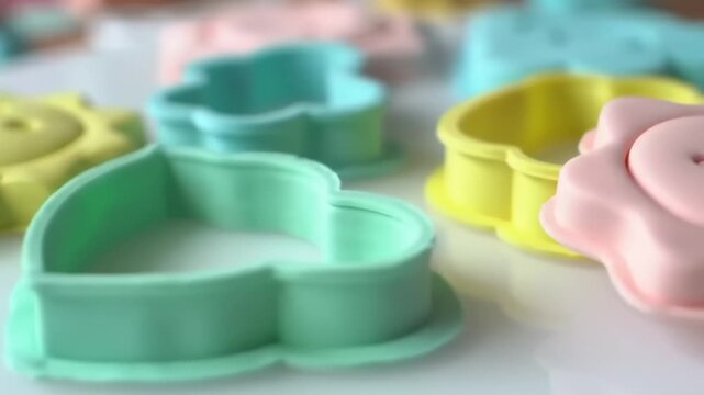 Close up of colorful cookie cutters in various shapes on a surface