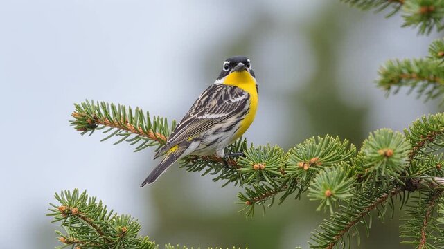 A Setophaga magnolia bird perched on a branch in a serene natural environment, video footage from a close-up viewpoint