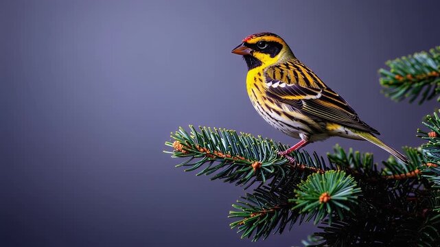 A Setophaga bird perched on a pine branch against a dark background