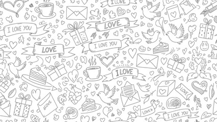 Charming black and white doodle pattern with love themes and sweet treats