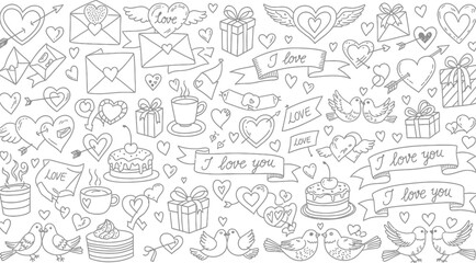 Doodle style illustration of romantic love elements hearts gifts and letters
