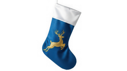 Blue christmas stocking with golden deer on transparent background isolated