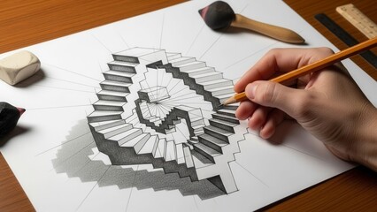 Artist hand drawing impossible staircase illusion with pencil on paper