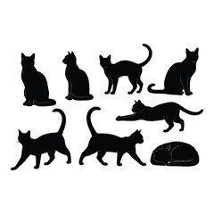 Various black cat silhouettes in different poses and a curled up shape