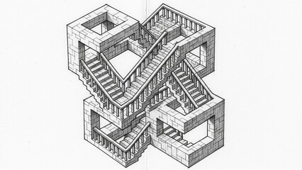 Naklejka premium Impossible staircase optical illusion drawing, Pen and ink architectural paradox