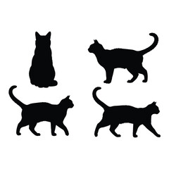 Simple black silhouettes of four cats in various playful positions