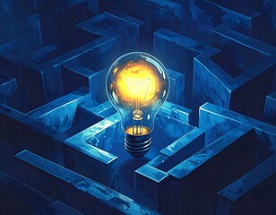Bright lightbulb illuminates a blue, textured maze, symbolizing innovation and problem-solving
