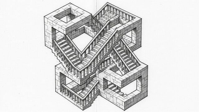 Impossible staircase optical illusion drawing, Pen and ink architectural paradox