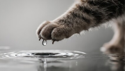 Cats Paw Dipping into Water Creating Ripples, Close-up View.