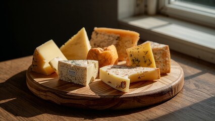 Variety of artisanal cheeses displayed on a wooden board in natural light near a window