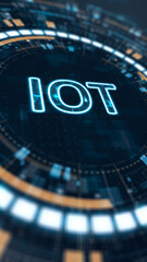 Vertical IoT text icon in glowing futuristic HUD interface that represents connected devices smart systems and digital technology ecosystem.
