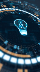 Vertical glowing light bulb icon in futuristic HUD style that symbolizes innovation creative ideas and advanced technology concepts.