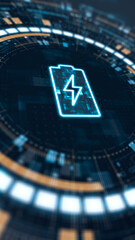 Vertical glowing battery icon in futuristic HUD interface that represents energy storage power management and modern technology systems.