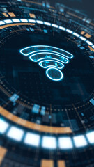 Vertical WiFi signal icon glowing in futuristic HUD design that illustrates wireless internet connectivity and digital communication technology.
