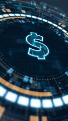Vertical glowing dollar symbol in futuristic HUD interface that represents digital finance fintech innovation and modern economic technology.