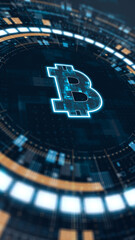 Vertical glowing bitcoin symbol in futuristic HUD style that represents cryptocurrency blockchain technology and digital financial innovation.
